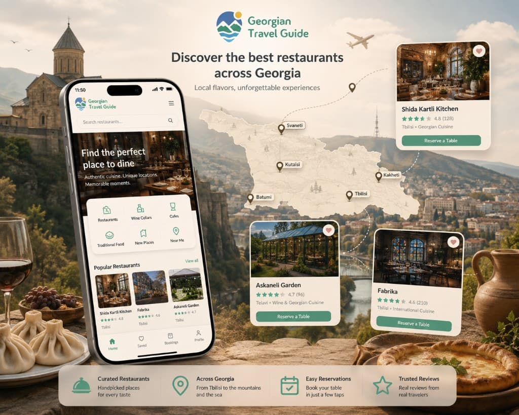 Georgian Travel Guide app with curated restaurants, map, and reservations across Georgia