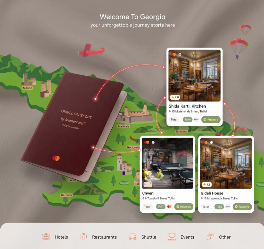Discover Georgia with Mastercard welcome map, passport, and Rezto Reserve restaurant cards